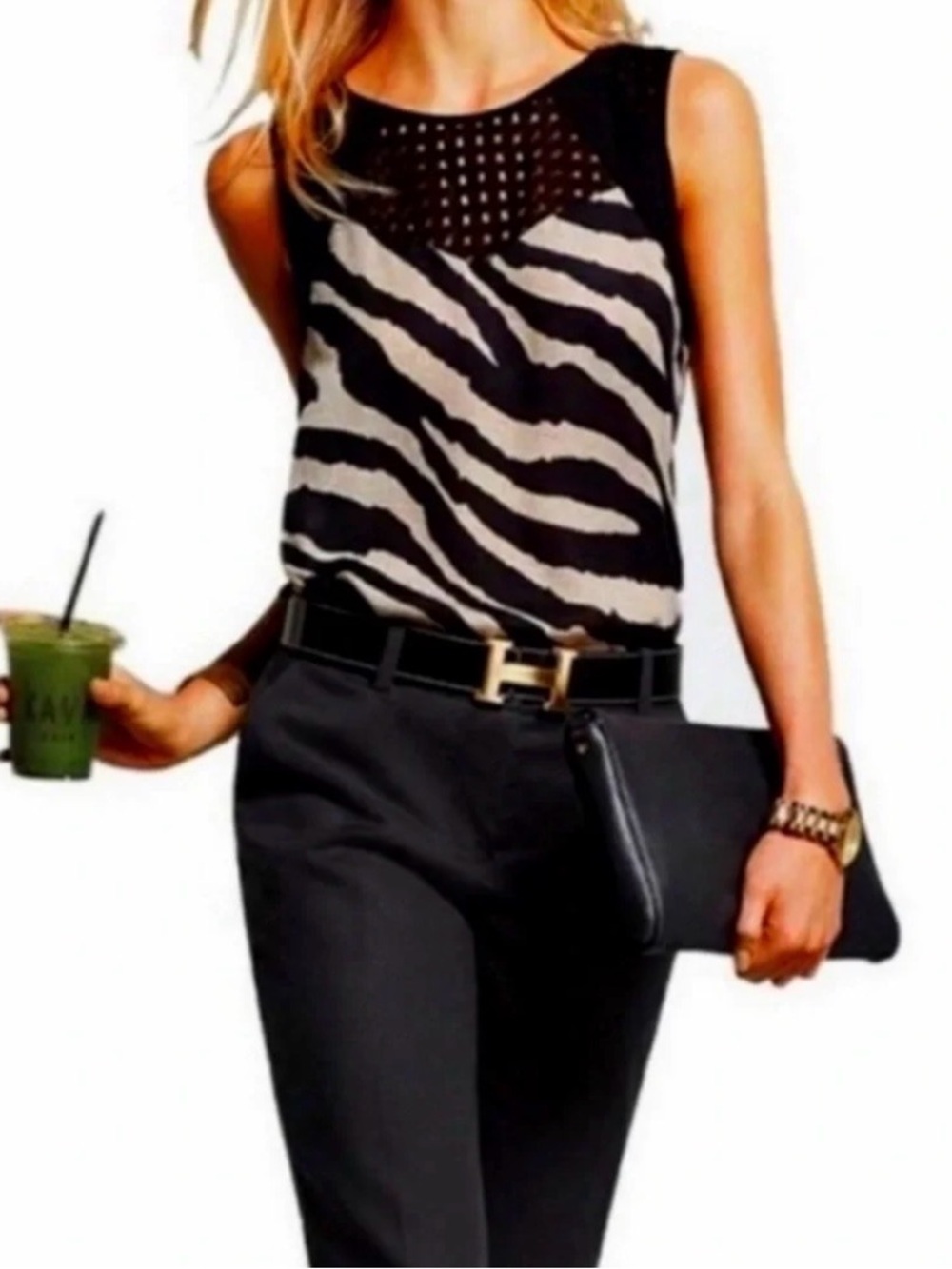 EUC CAbi Tivoli Black & Cream Zebra-Print Sleeveless Top Small